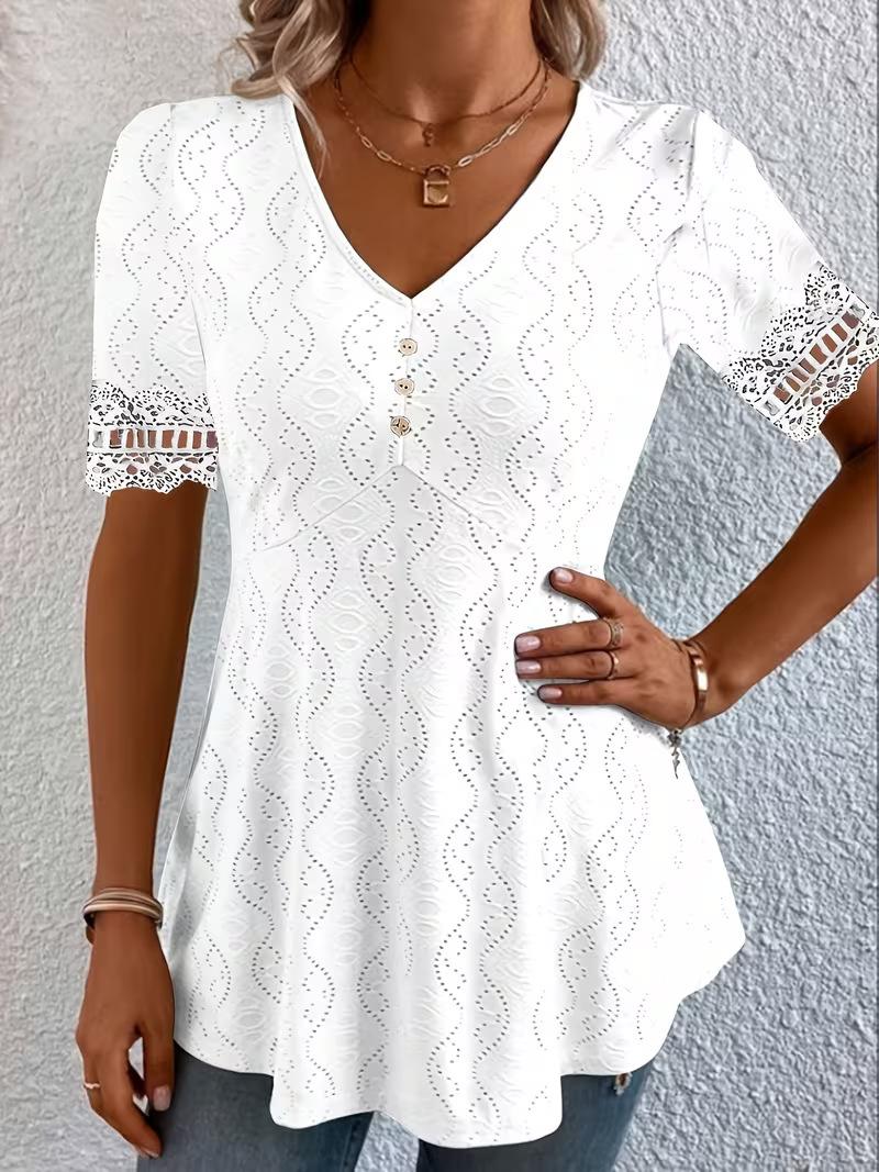 Womens V-neck Jacquard Hollow-out Lace Top
