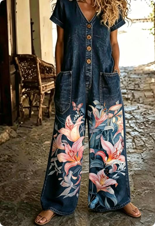Buttoned Pockets Comfortable Short Sleeves Casual One-piece Wide-leg Jumpsuit