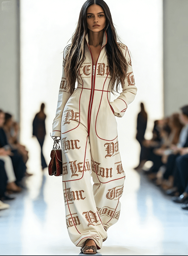 Zippered Long-sleeved Casual Wide-leg Jumpsuit