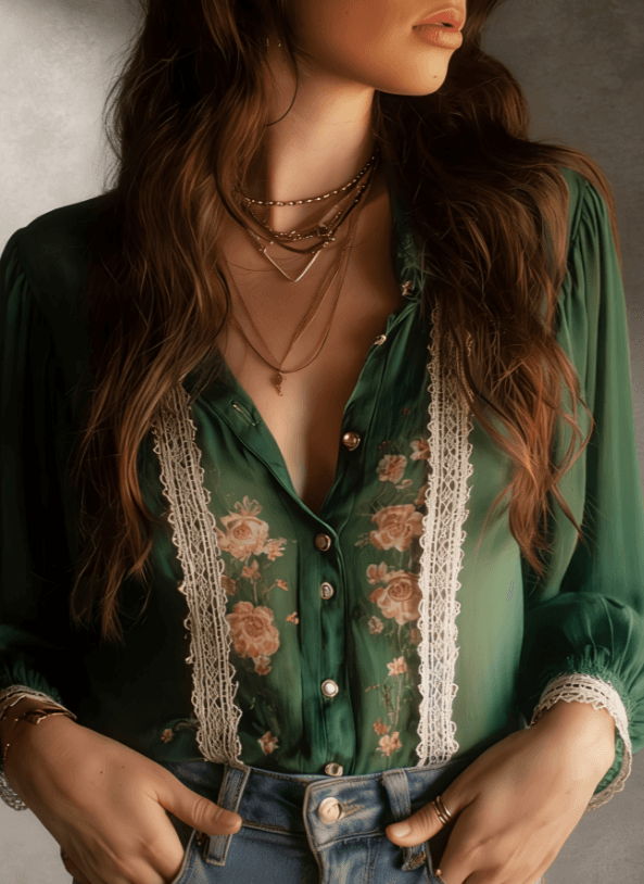 French Retro Style Lace Floral Print Shirt For Women