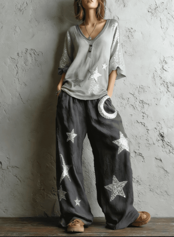 Bohemian-style Loose Top With Star And Moon Print - Wide-leg Pants Two-piece Set