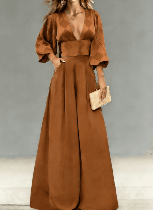 V-neck Puff Sleeve Top Wide-leg Pants Two-piece Set