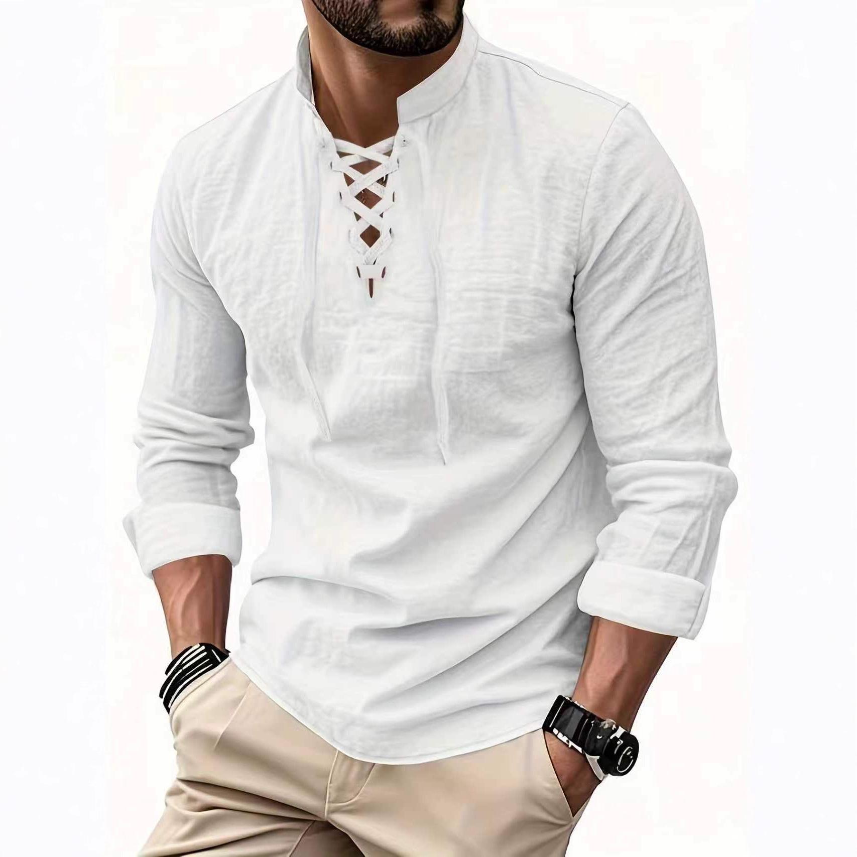Long-sleeve Cotton-linen Open-chest Drawstring Shirt Men's Shirt Polo Shirt