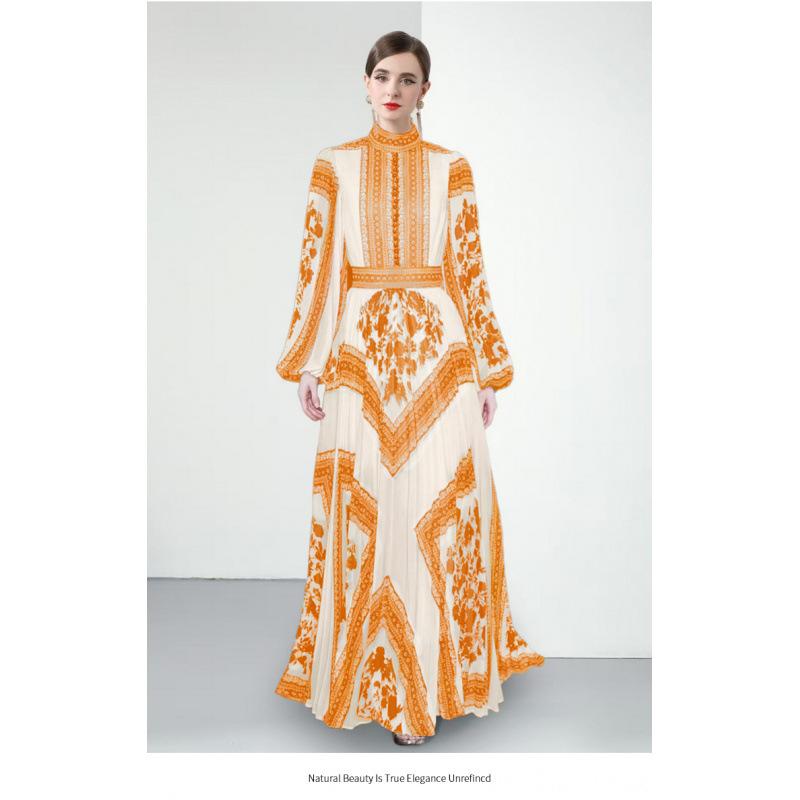 European And American Elegant Stand-up Collar Puff Sleeve Positioning Printed Waist-controlled Pleated Puffy Long Dress