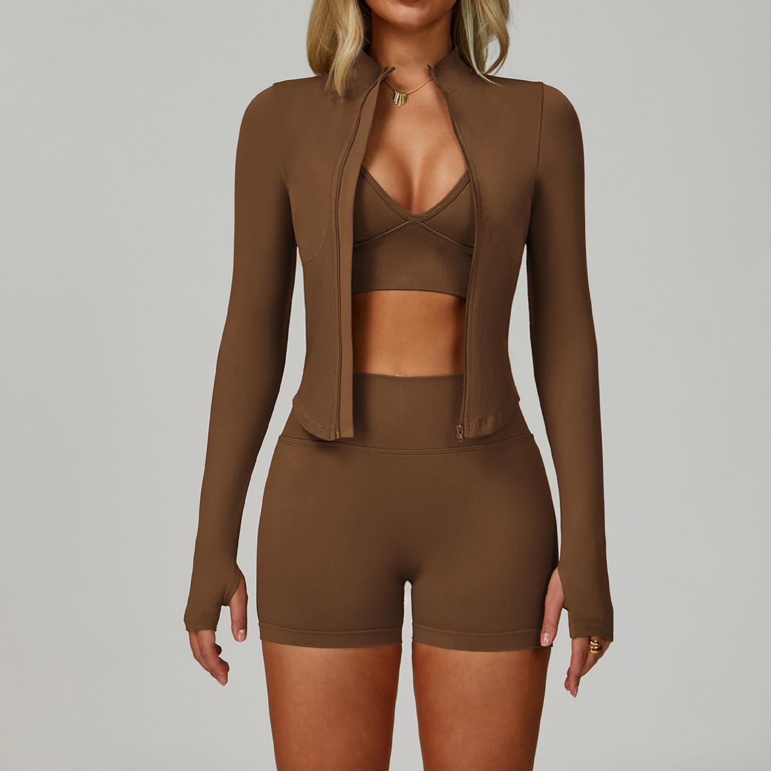 Dark Coffee Color / L / Bra and shorts and jacket