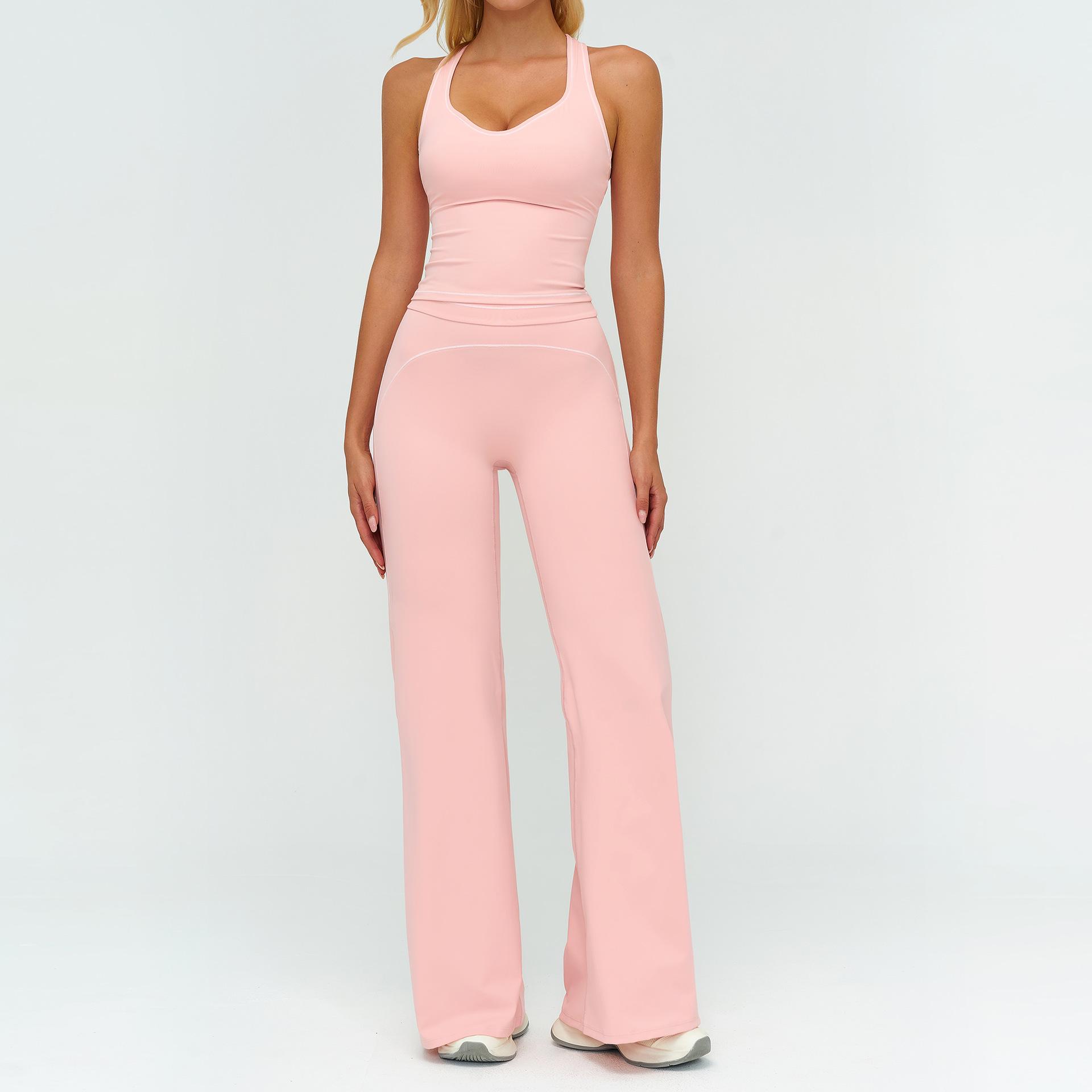 Womens Yoga Set V-neck Sleeveless Tops And Slim Straight Pants Summer Gym Sports Clothing