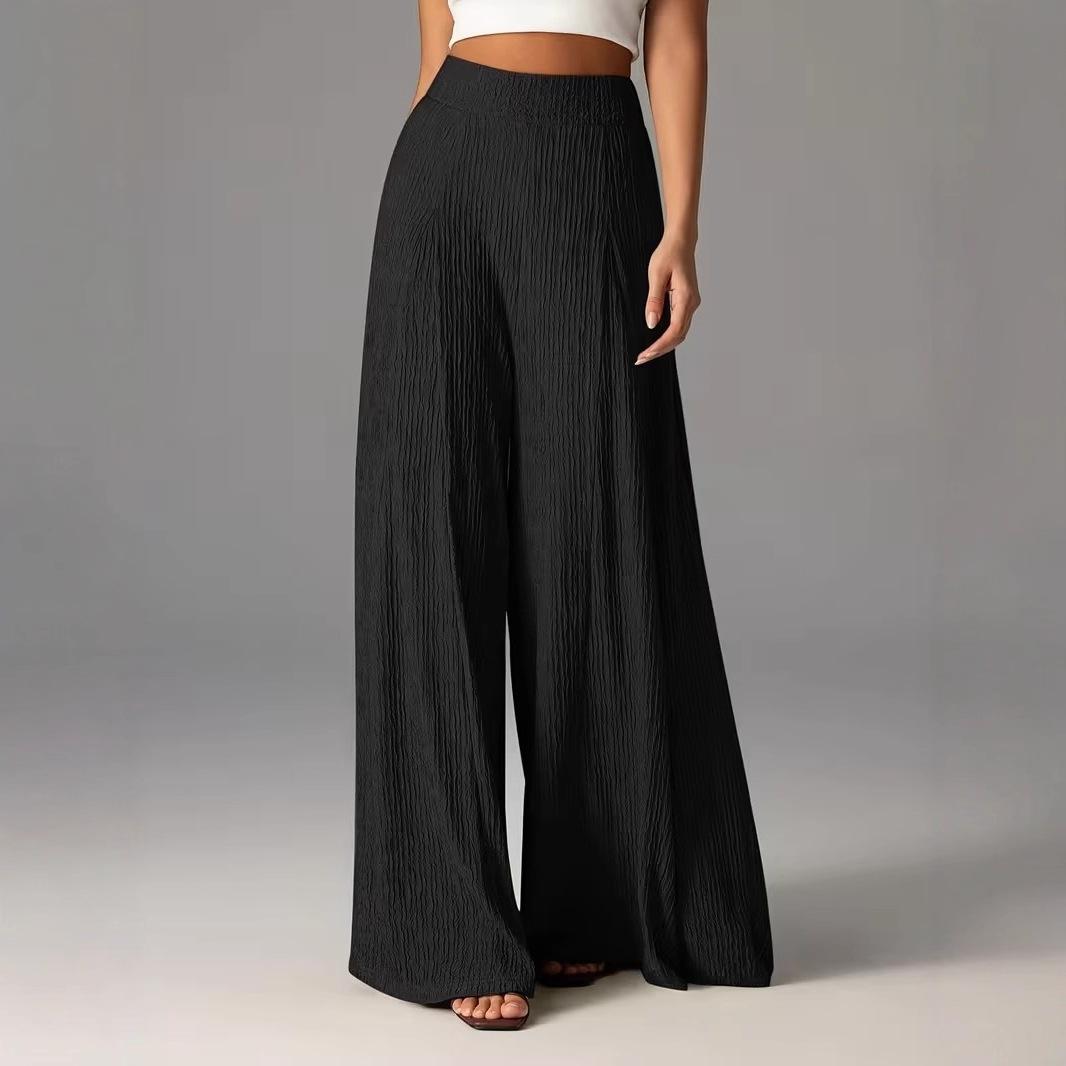 Elastic-waist Loose Solid-color Trousers High-waisted Wide-leg Pants