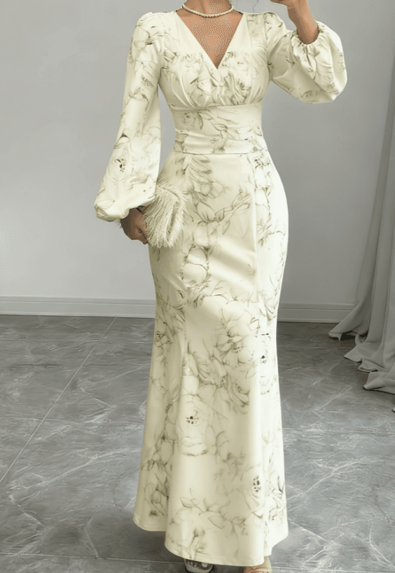 Simple V-neck Color-blocked Fitted Waist Long-sleeved Dress
