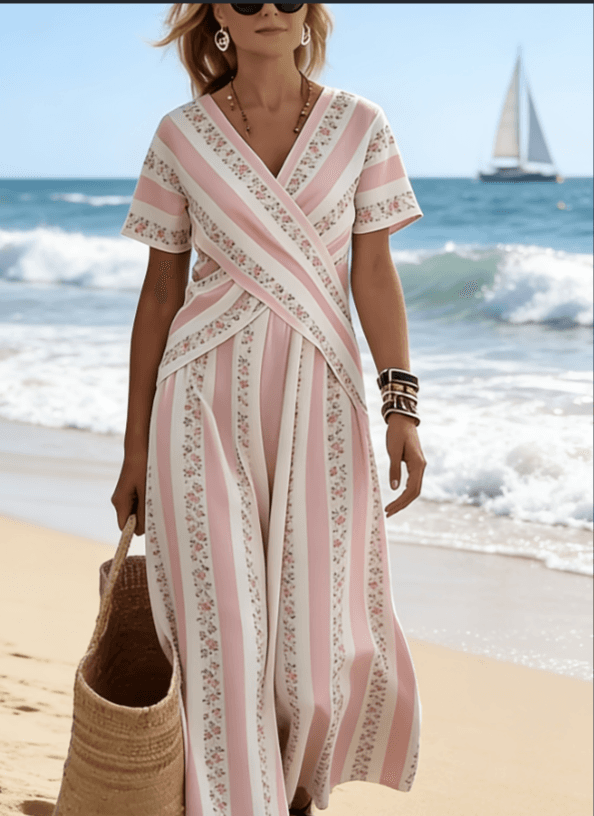 Cross-V-neck Striped Floral Long Skirt