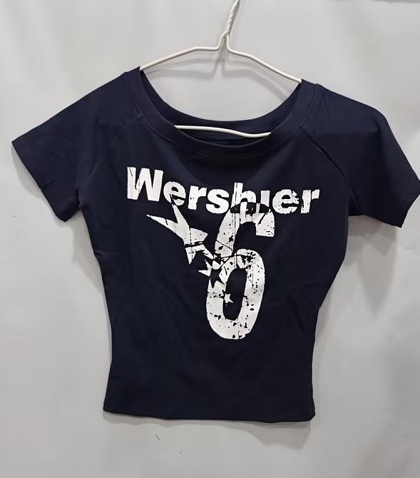 Oblique Shoulder Printed Short Sleeve Summer Slim-fit Crop-top