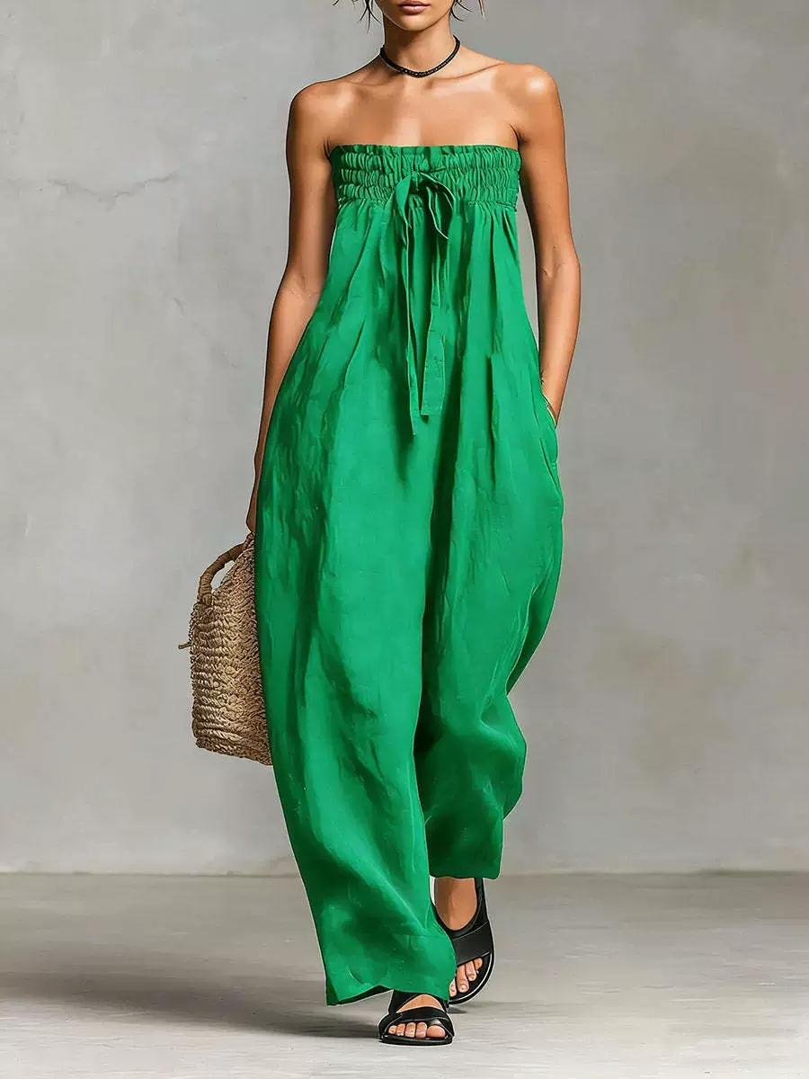 2026 Spring European American Women Strapless Smocked Bodice Jumpsuit, TieDetail Casual Playsuit