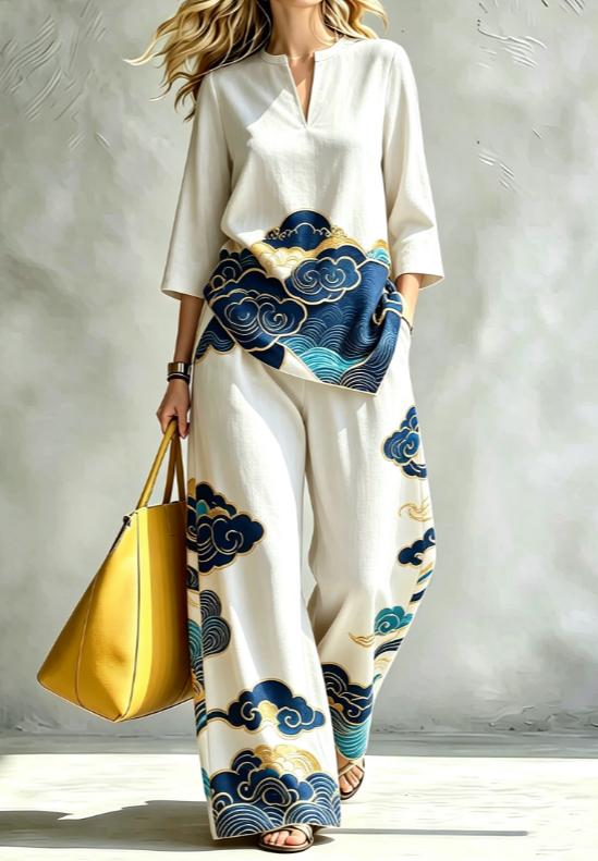 Womens Casual V-neck Three-quarter-sleeve Set With Collar