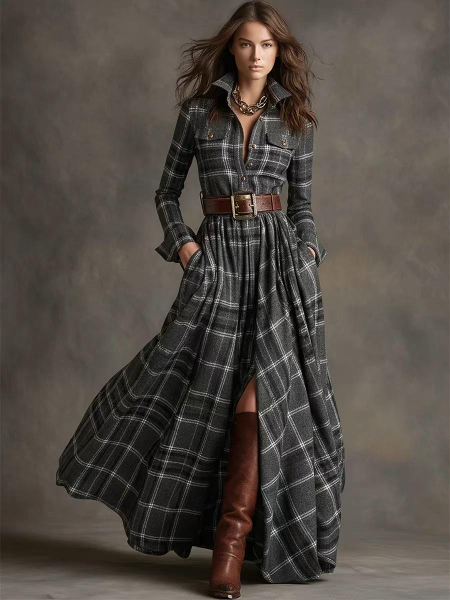 Ins Plaid Print Long-Sleeved Dress Fashion Pockets Collared Buttons Shirt Long Dresses Retro Women's Clothing