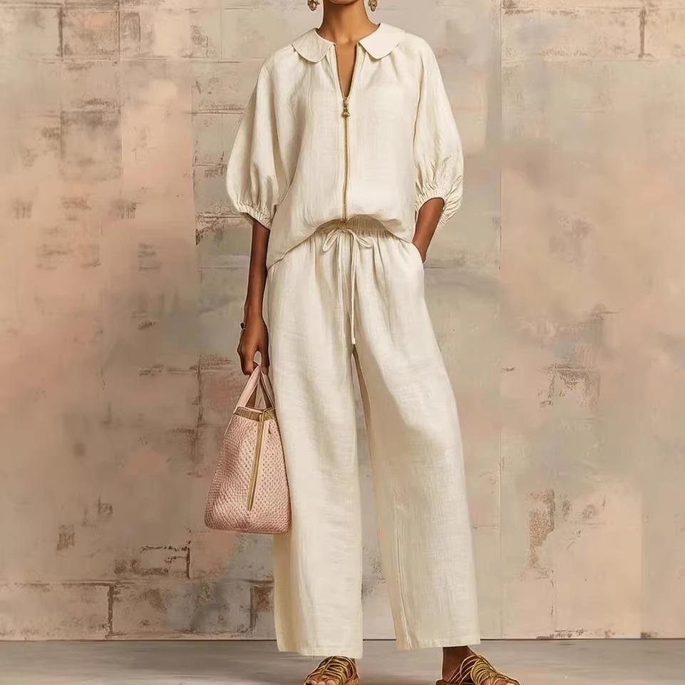 Solid-color Casual Loose-fitting Zip-up Sweatshirt And Straight-leg Pants Set