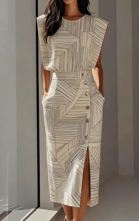 Women's Modern Retro Geometric Striped Round Neck Sleeveless Slim Fit Midi Dress With Slit