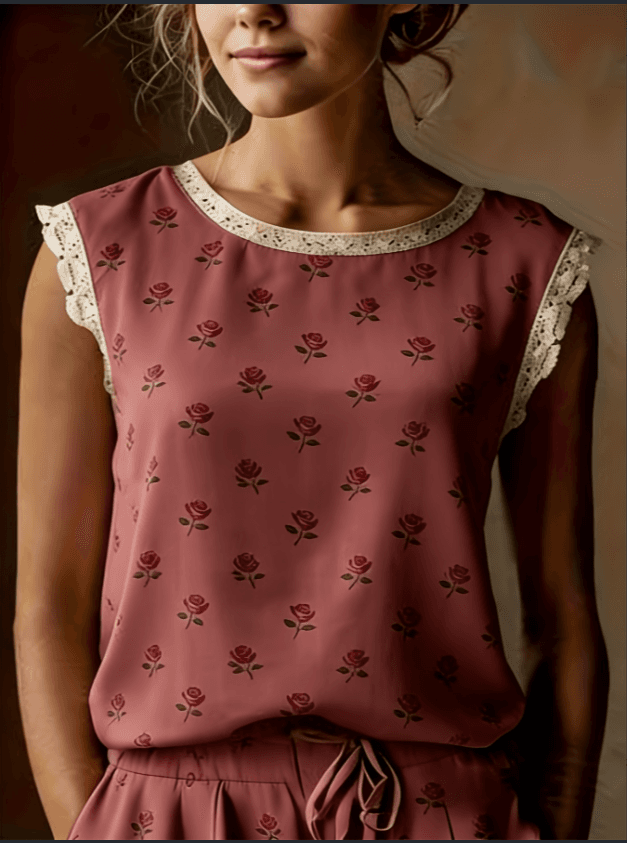 French Ditsy Floral Lace Flutter Sleeveless Blouse