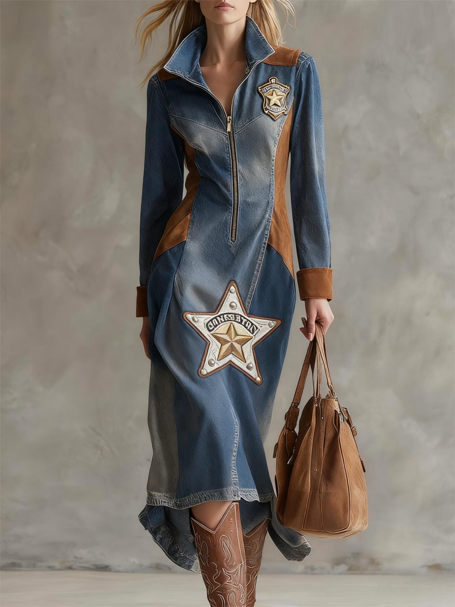 Western Retro Print Lapel Zipper Fitted Midi Long Sleeve Dress