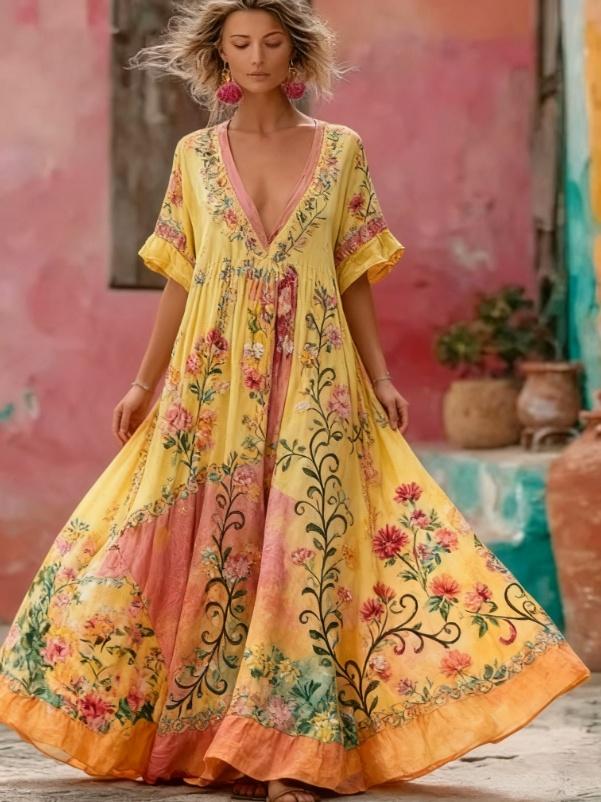 Women's Floral Embroidery Patchwork Art V-Neck Long Dress