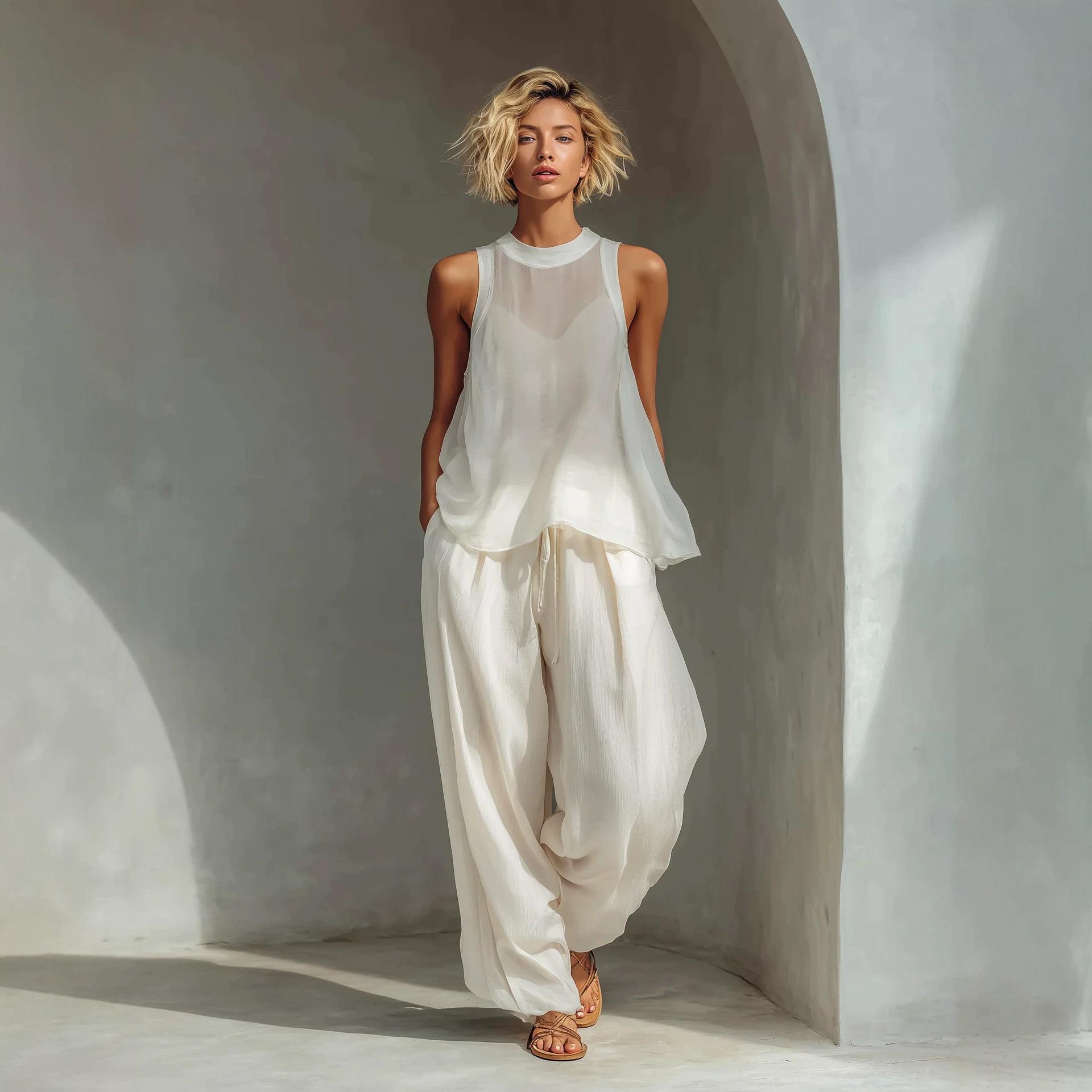 Sheer Round-neck Sleeveless Tank Top And Drawstring Wide-leg Pants Set