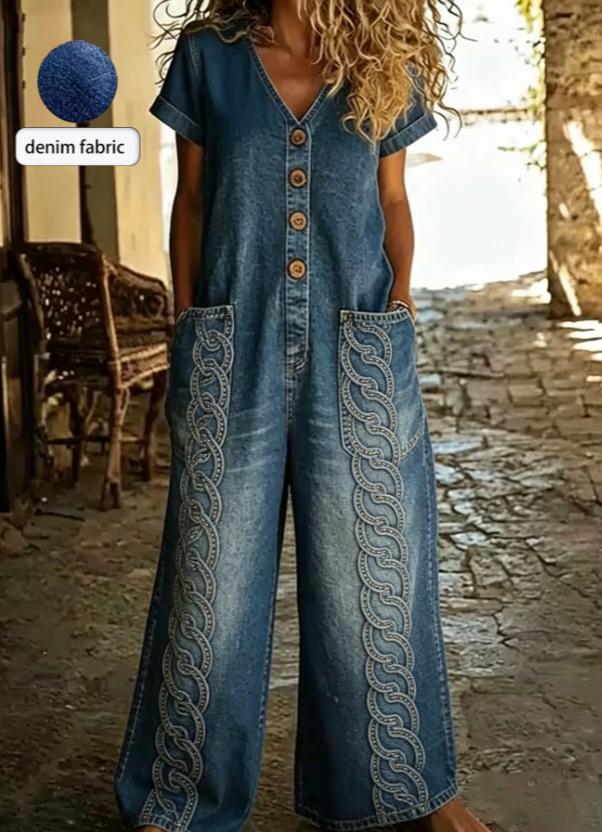 Buttoned Pockets Comfortable Short Sleeves Casual One-piece Wide-leg Jumpsuit