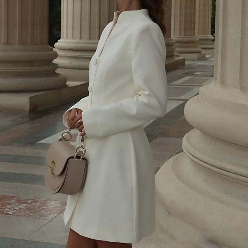 Elegant Solid Color Single-breasted Waist-cinching A-line Dress