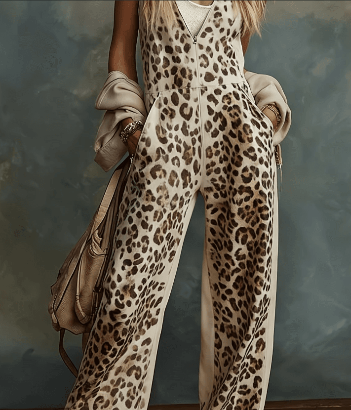 Women's American Retro Leopard Print V-Neck Zipper Wide-Leg Overalls Jumpsuit