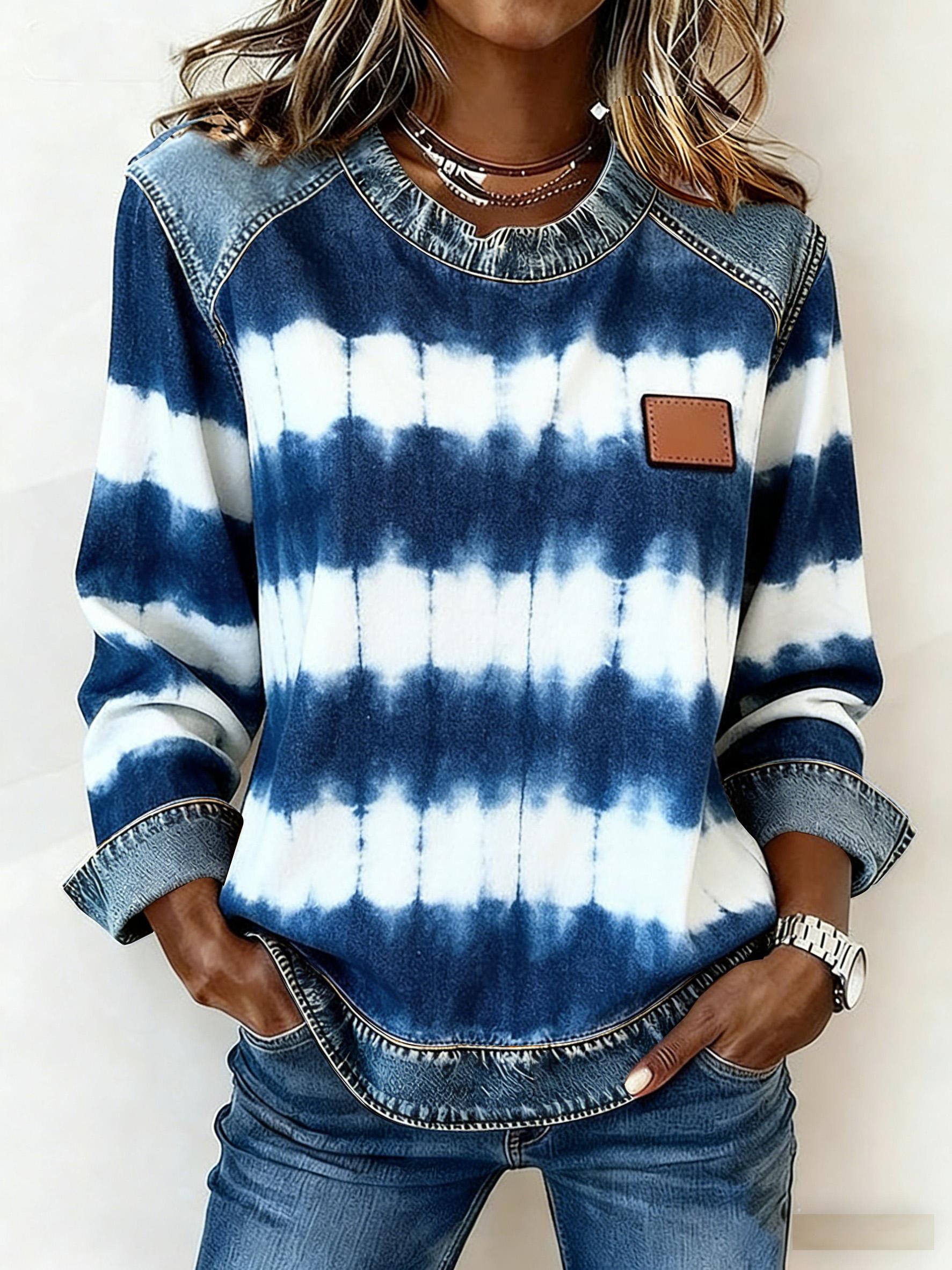 Casual Round Neck Color-blocked Printed Long-sleeved Loose Top