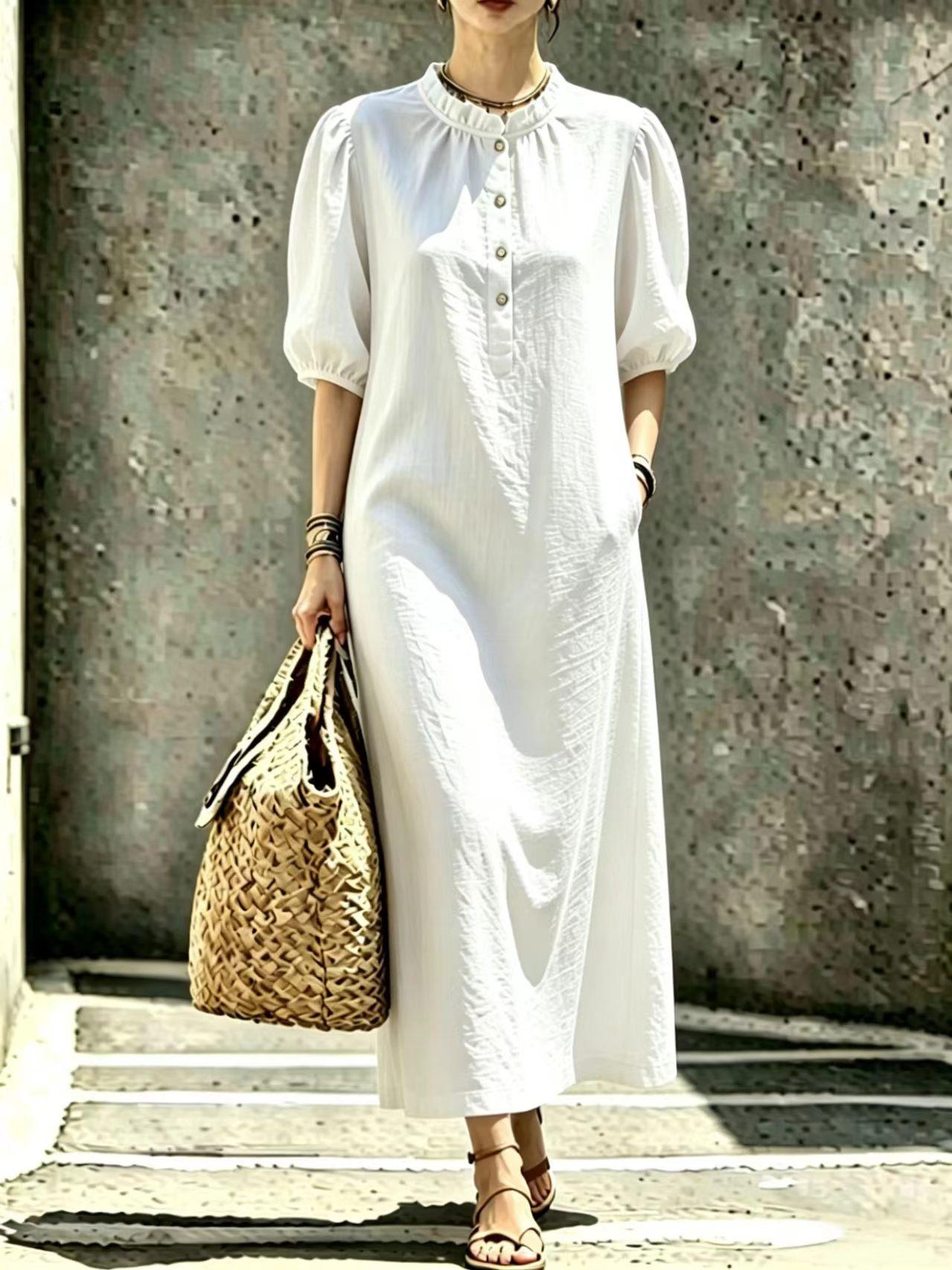 Womens Solid-color Stand-collar Puffed-sleeve Straight Dress