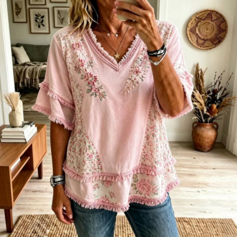 Boho Floral Patchwork V Neck Blouse