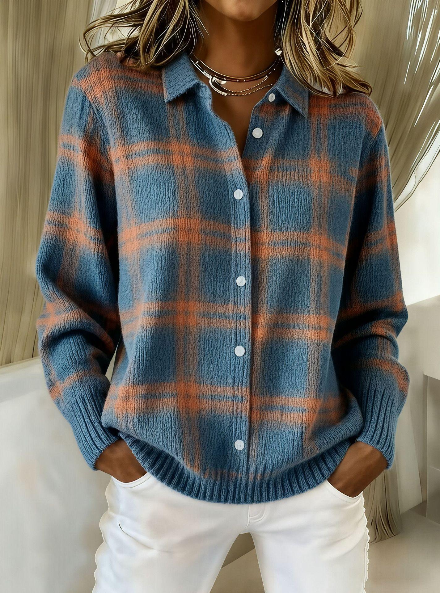 Printed Lapel Sweater Fashion Casual Long-sleeved Button Pullover Top Knitted Clothing For Women