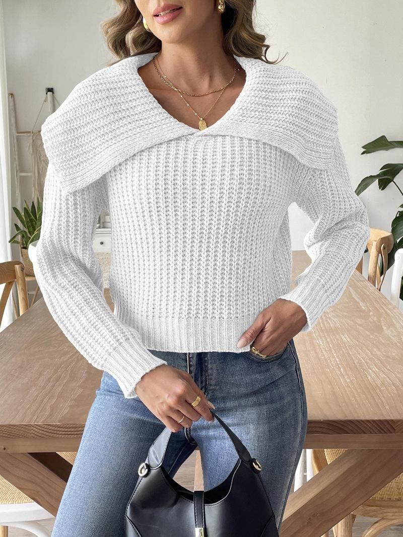 Women's Navy Style Short Top Large Lapel Pullover Sweater