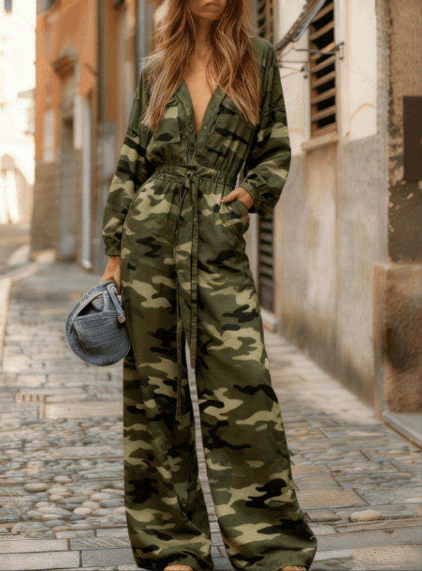 Casual Drawstring Long-sleeved Wide-leg Jumpsuit
