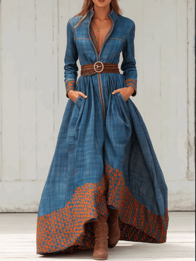 Casual Retro Color-blocked Waist-cinching Long Dress