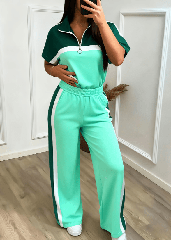 Color-block Stand-collar Short-sleeve Wide-leg Pants Two-piece Set