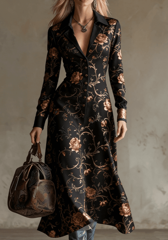 American Retro Style Lapel Fitted Waist Long Shirt Dress For Women