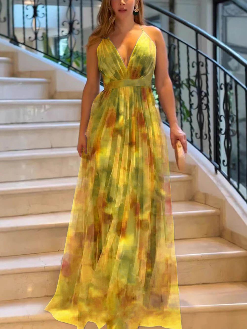 Summer New Mesh Print Spaghetti Strap Dress, Elegant & Sexy Vacation Lounge & Party Slip Dress