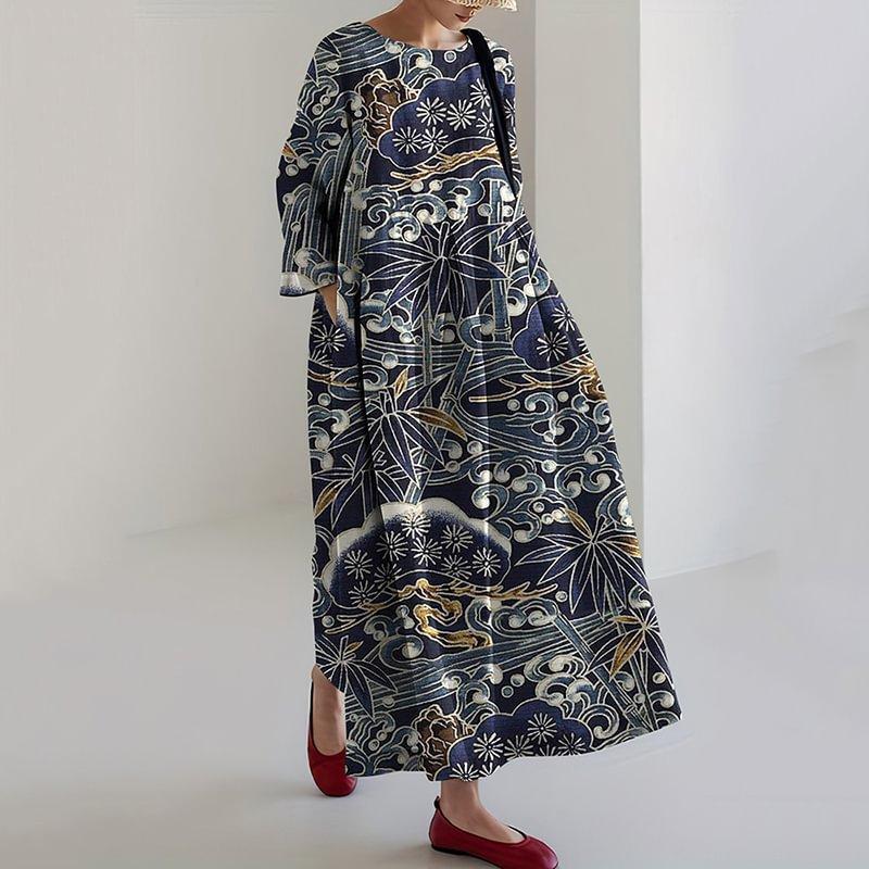 Women's Loose Casual Floral Pattern Cropped Long Sleeves Dress
