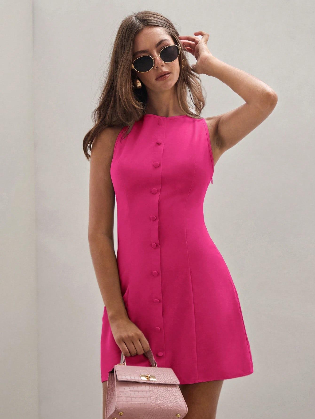 Women's Solid Color Temperament Breasted Sleeveless Dress