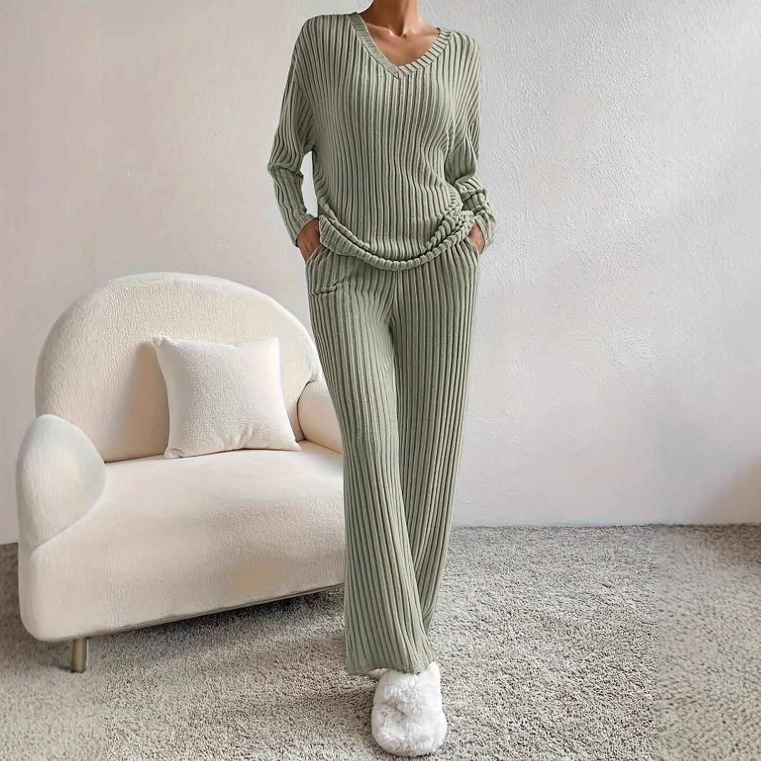 Straight-leg Pants With A Loose And Elegant V-neck Ribbed Two-piece Set