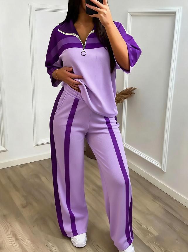 Color-block Stand-collar Short-sleeve Wide-leg Pants Two-piece Set