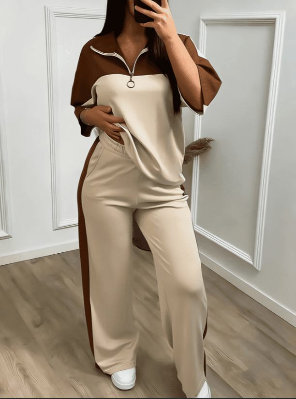 Color-block Stand-collar Short-sleeve Wide-leg Pants Two-piece Set