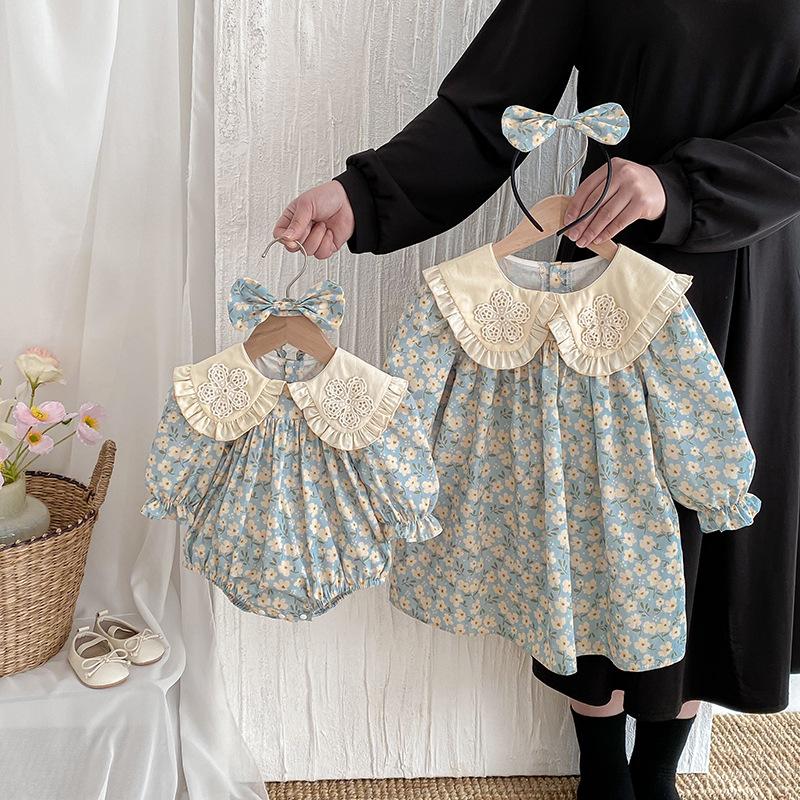 Lace-trimmed Dress For Little Girls Stylish Sister Outfits