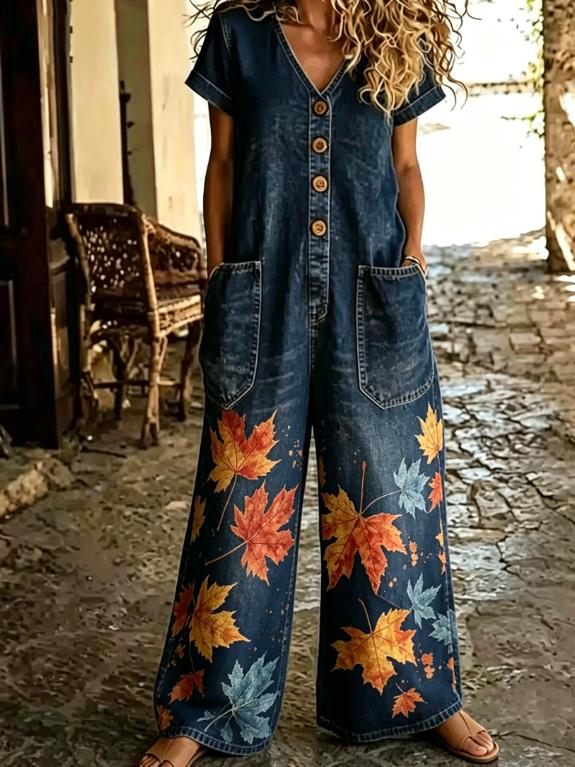 Buttoned Pockets Comfortable Short Sleeves Casual One-piece Wide-leg Jumpsuit