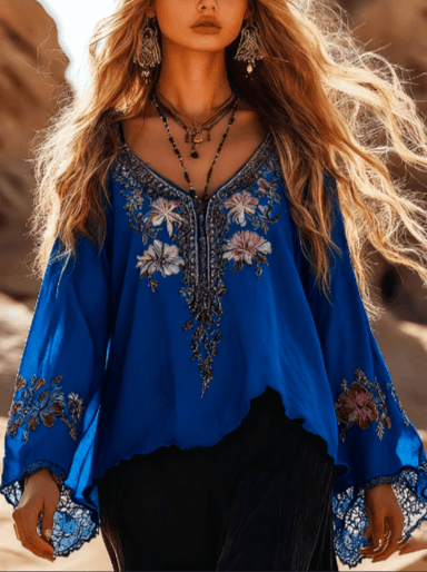 V-neck, Bell Sleeves, Casual, Flowy Long-sleeved Top