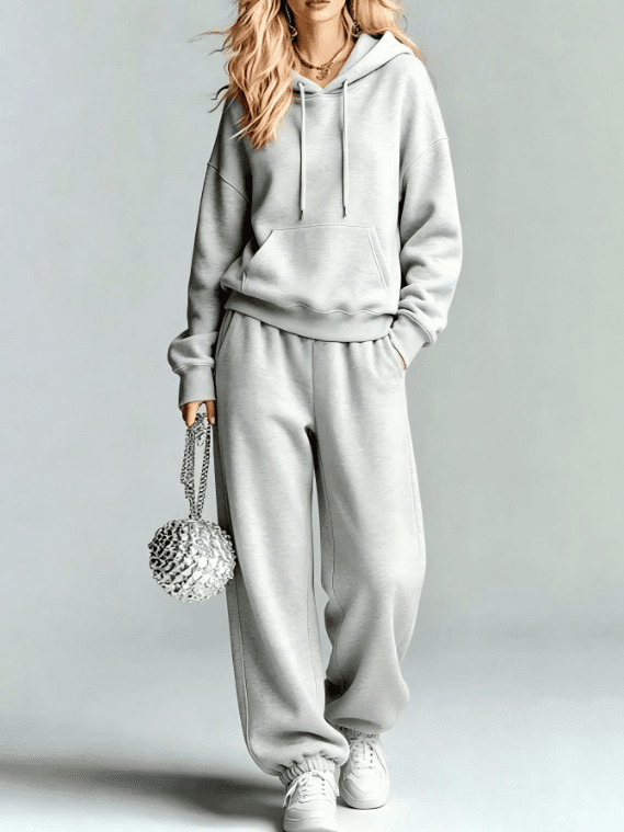 Lightweight Grey Loose Hooded Sweatshirt And Leg Binding Wide Leg Sweatpants Two-piece Sports Suit