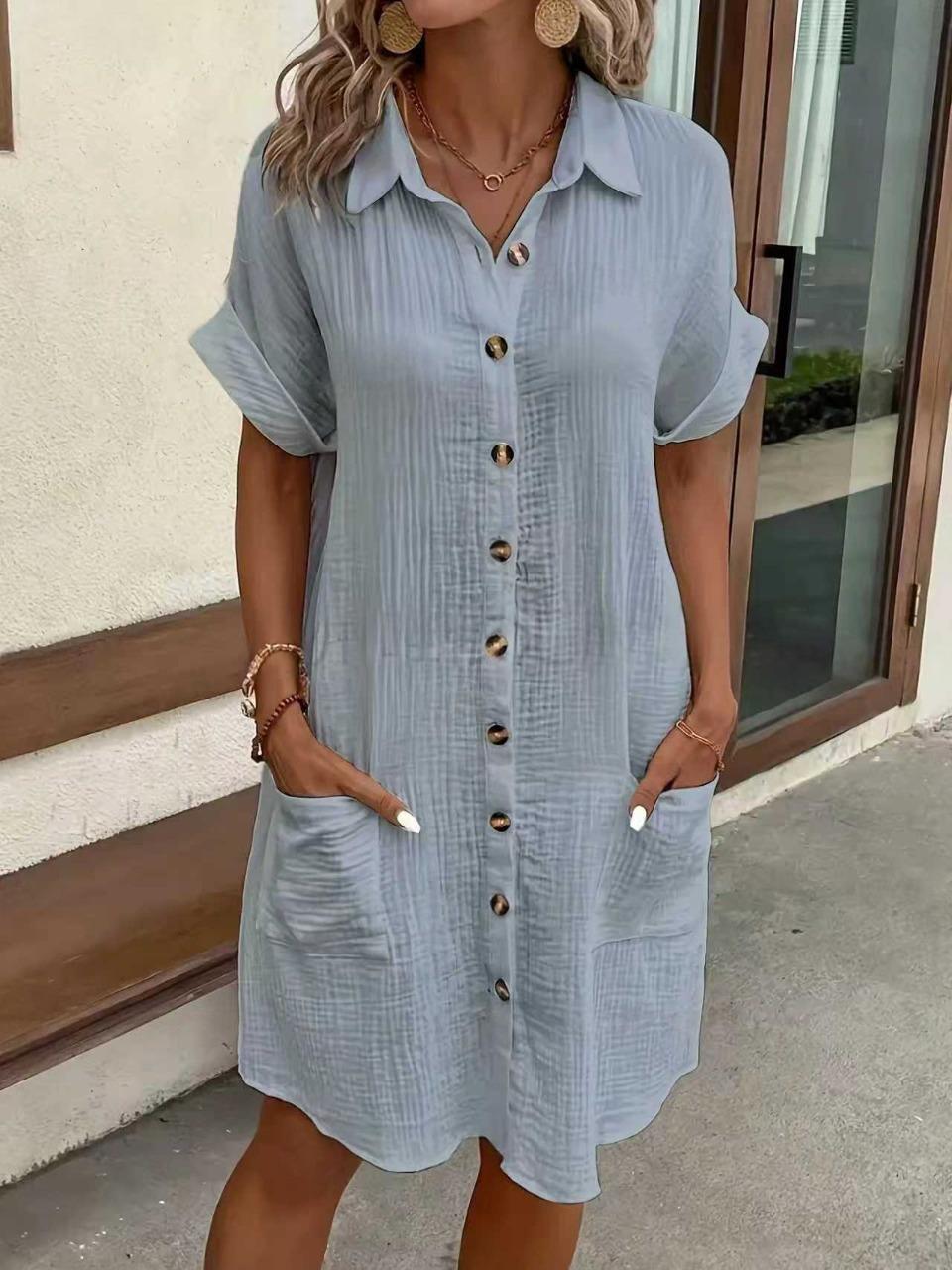 Solid Color Linen Cotton Button Down Loose Shirt Dress