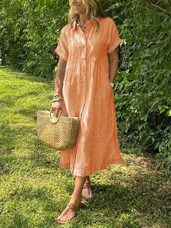 Loose Striped Short Sleeve Casual Cotton And Linen Dress