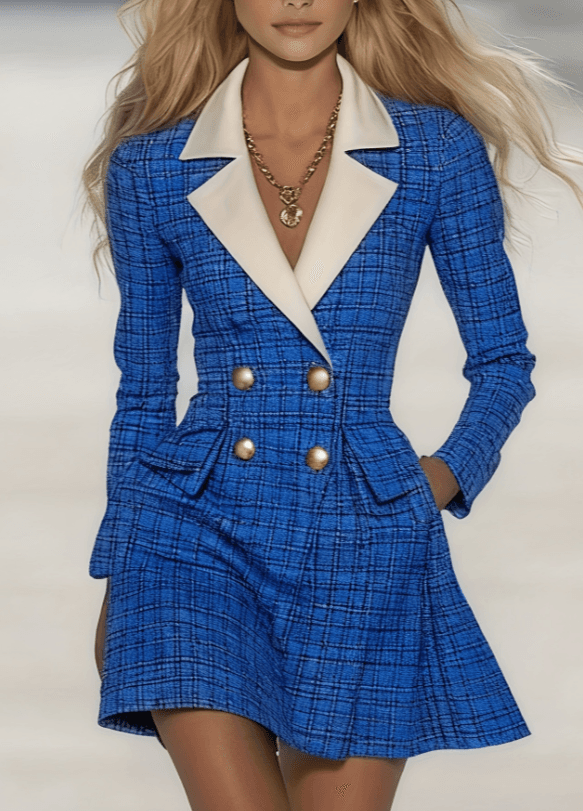 Plaid Color-blocked Lapel Double-breasted Fitted A-line Short Suit Skirt