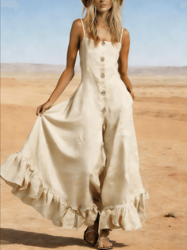 Beige Spaghetti Strap Ruffle Hem Wide Leg Jumpsuit