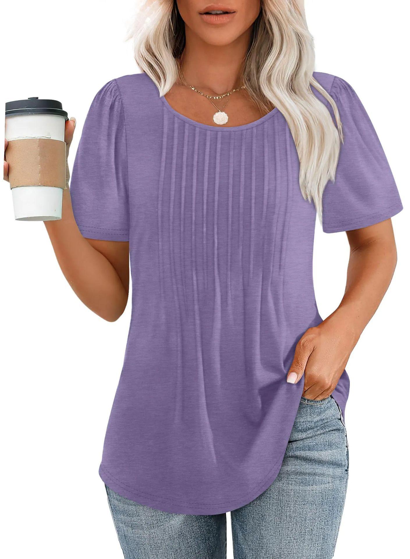 Pleated Round Neck Short-sleeved T-shirt Women's Top